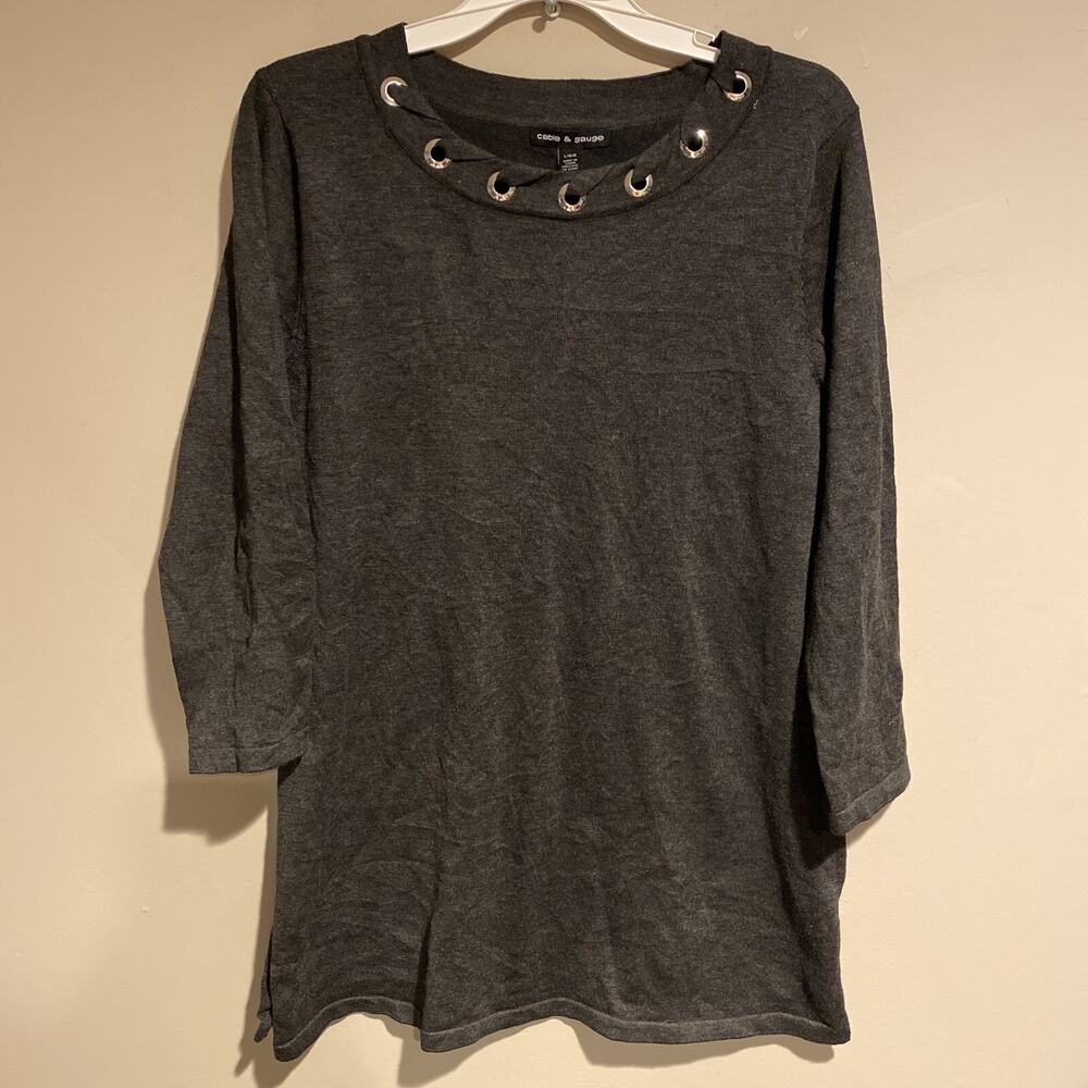 Cable & Gauge Looped Neck Scoope Neck 3/4 Sleeve Tunic Blouse Top Sz Lg Nwt